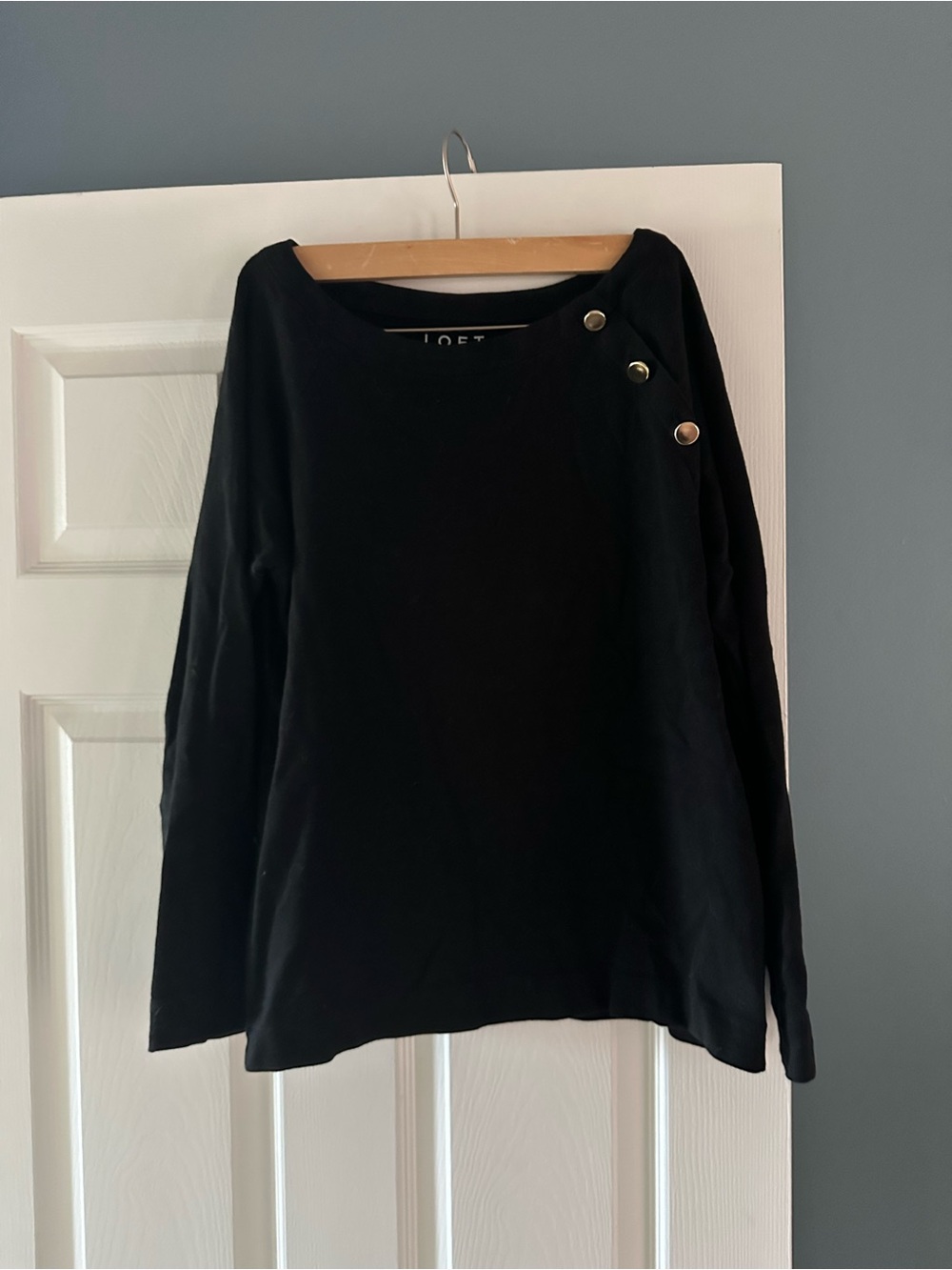 LOFT Black Boatneck Long Sleeve Top with Shoulder Buttons - M